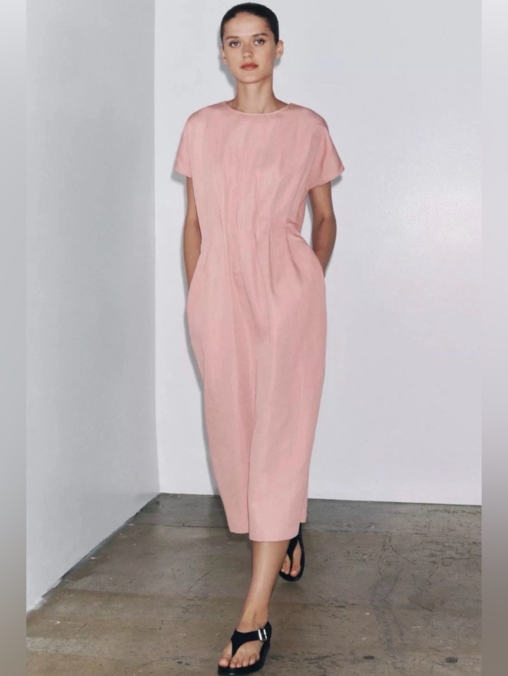 Zara Soft Pink Midi Dress with Gathered Waist